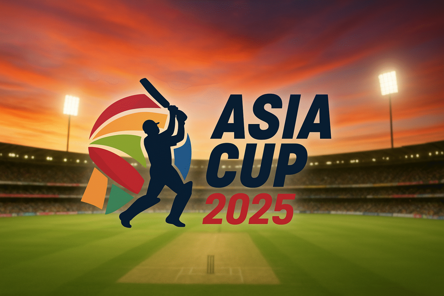"एशिया कप 2025 का आधिकारिक लोगो, पृष्ठभूमि में रोशनी से जगमगाता क्रिकेट स्टेडियम और सूर्यास्त का दृश्य।"

