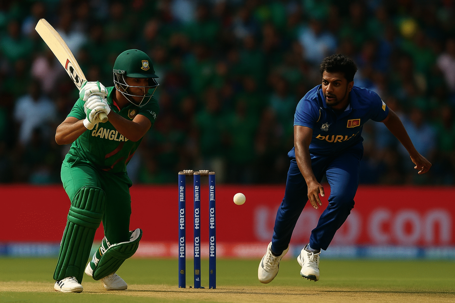 "बांग्लादेश के बल्लेबाज ने शॉट खेलने की तैयारी की जबकि श्रीलंका का गेंदबाज डिलीवरी करता हुआ, क्रिकेट मैदान पर रोमांचक मुकाबले का दृश्य।"

