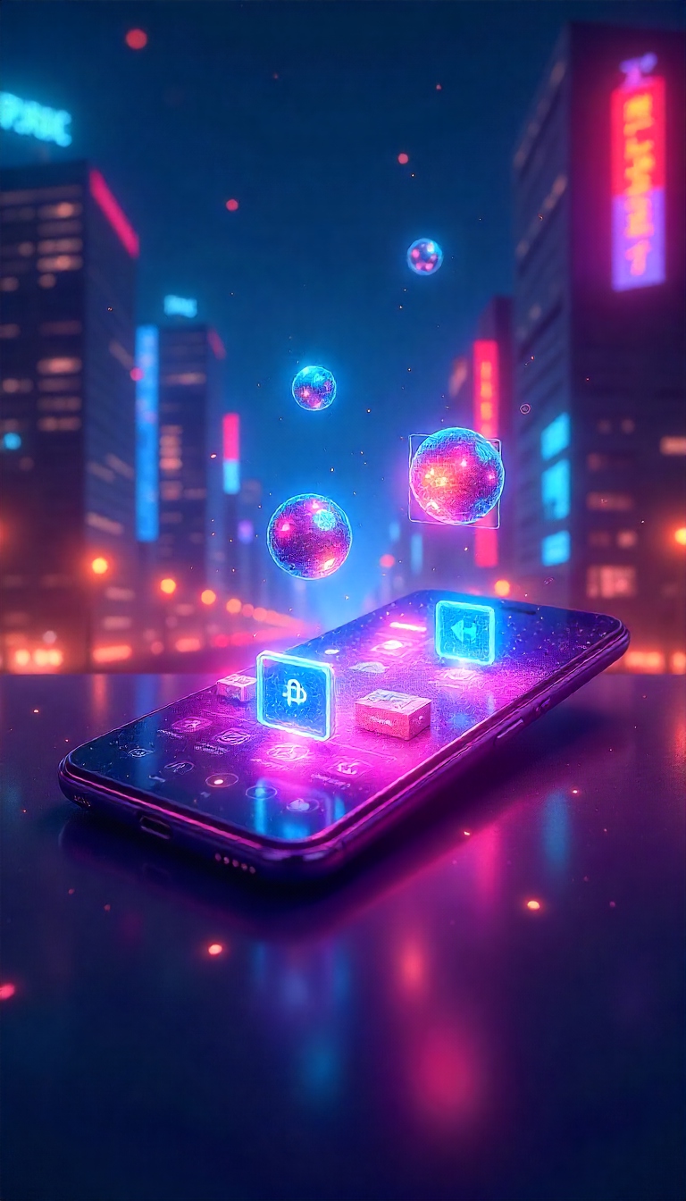 “स्मार्टफोन पर ओटीटी स्ट्रीमिंग और मनोरंजन आइकन के साथ चमकदार डिजिटल इलस्ट्रेशन, सिटी लाइट्स बैकग्राउंड”
