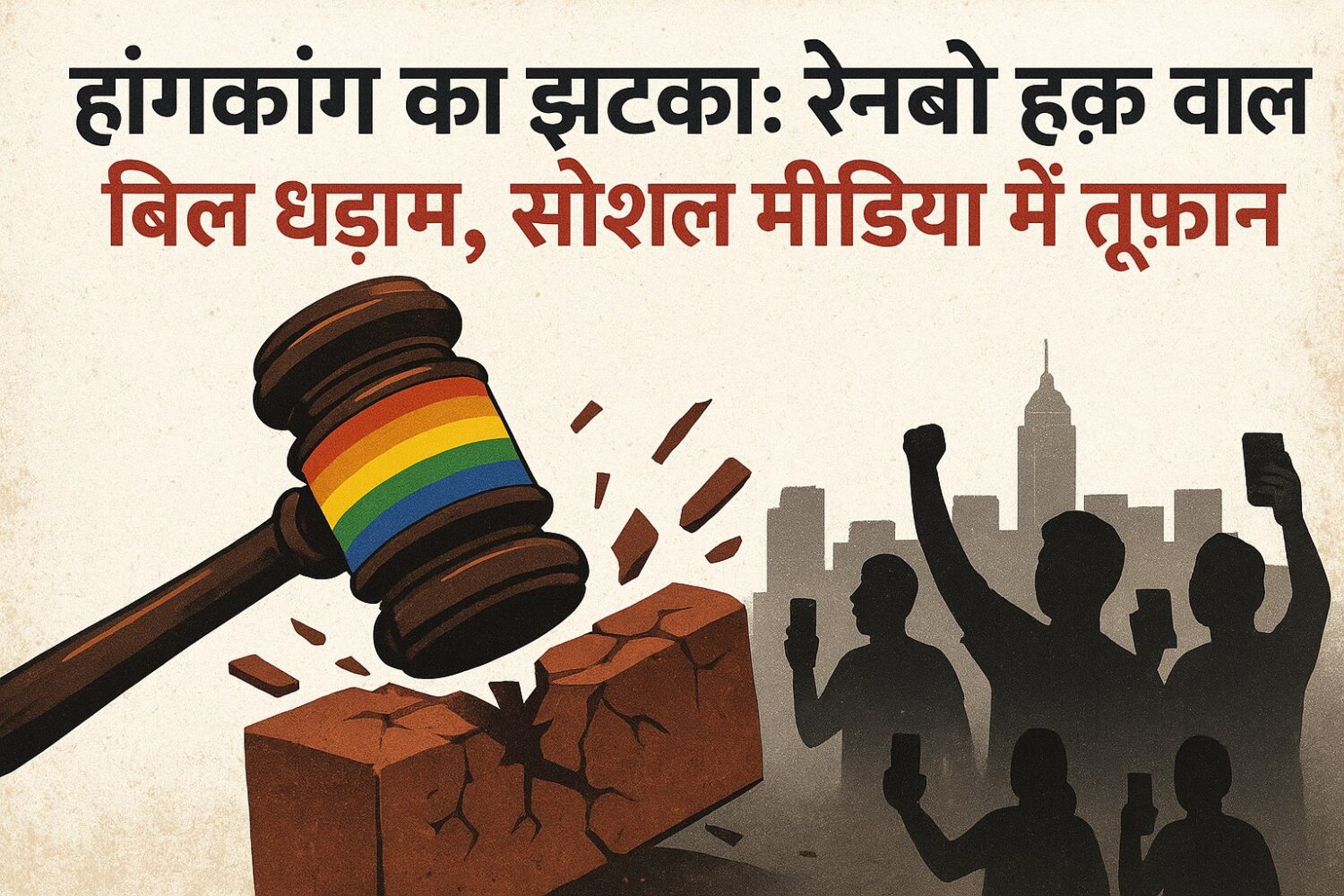 “हांगकांग का झटका: रेनबो हक़ वाला बिल धड़ाम, सोशल मीडिया में तूफ़ान” शीर्षक वाली डिजिटल न्यूज़ इलेस्ट्रेशन, जिसमें इंद्रधनुषी रंगों वाला हथौड़ा (गैवेल) ईंट तोड़ता दिख रहा है और पृष्ठभूमि में हांगकांग की स्काईलाइन तथा मोबाइल फोन पकड़े लोगों की परछाइयाँ हैं।
