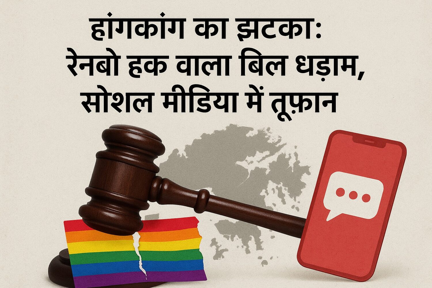 ‘हांगकांग का झटका: रेनबो हक़ वाला बिल धड़ाम, सोशल मीडिया में तूफ़ान’ के साथ एक ग्राफ़िक जिसमें न्यायाधीश का हथौड़ा फटी हुई रेनबो प्राइड फ़्लैग पर गिरता हुआ दिख रहा है और पास में लाल मोबाइल फ़ोन पर चैट आइकन दिख रहा है, पृष्ठभूमि में हांगकांग का 
