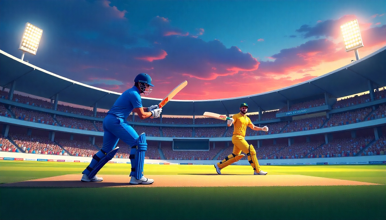 "India A vs Australia A क्रिकेट मैच, नीली और पीली जर्सी में खिलाड़ी मैदान पर एक्शन में"