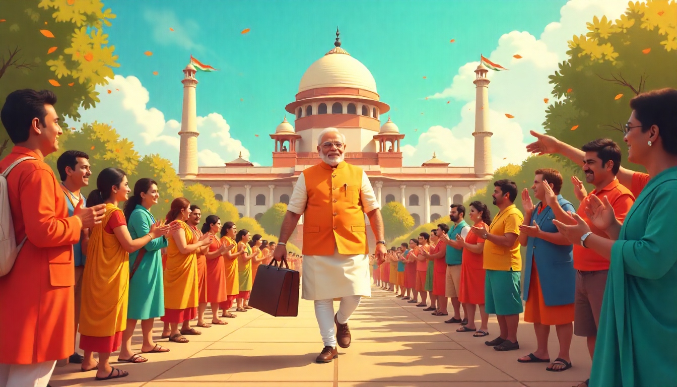 "नरेंद्र मोदी आत्मविश्वास से चाय स्टॉल से भारतीय संसद की ओर बढ़ते हुए, ब्रीफकेस लिए, नागरिकों का उत्साहित स्वागत, नेतृत्व की यात्रा का प्रेरणादायक दृश्य।"