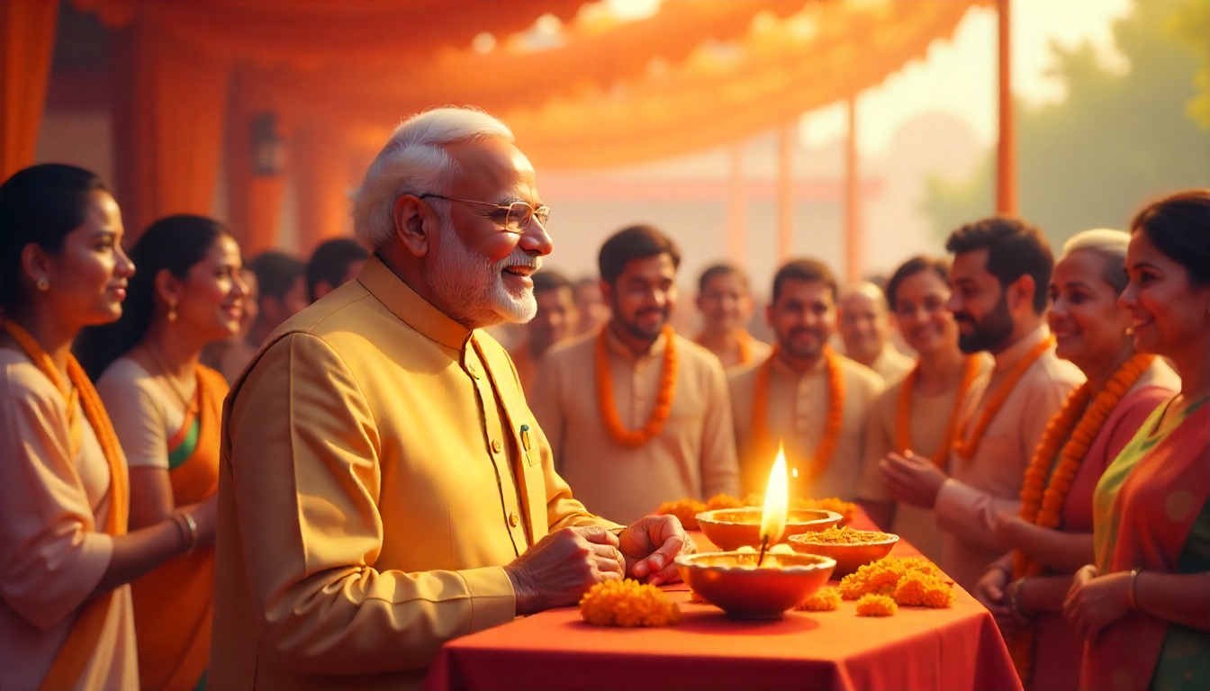 "नरेंद्र मोदी का 75वां जन्मदिन भारतीय नागरिकों के साथ मनाते हुए, पारंपरिक सजावट, दीपक और गेंदा के फूल, मोदी मुस्कुराते हुए जनता के साथ बातचीत करते हुए।"