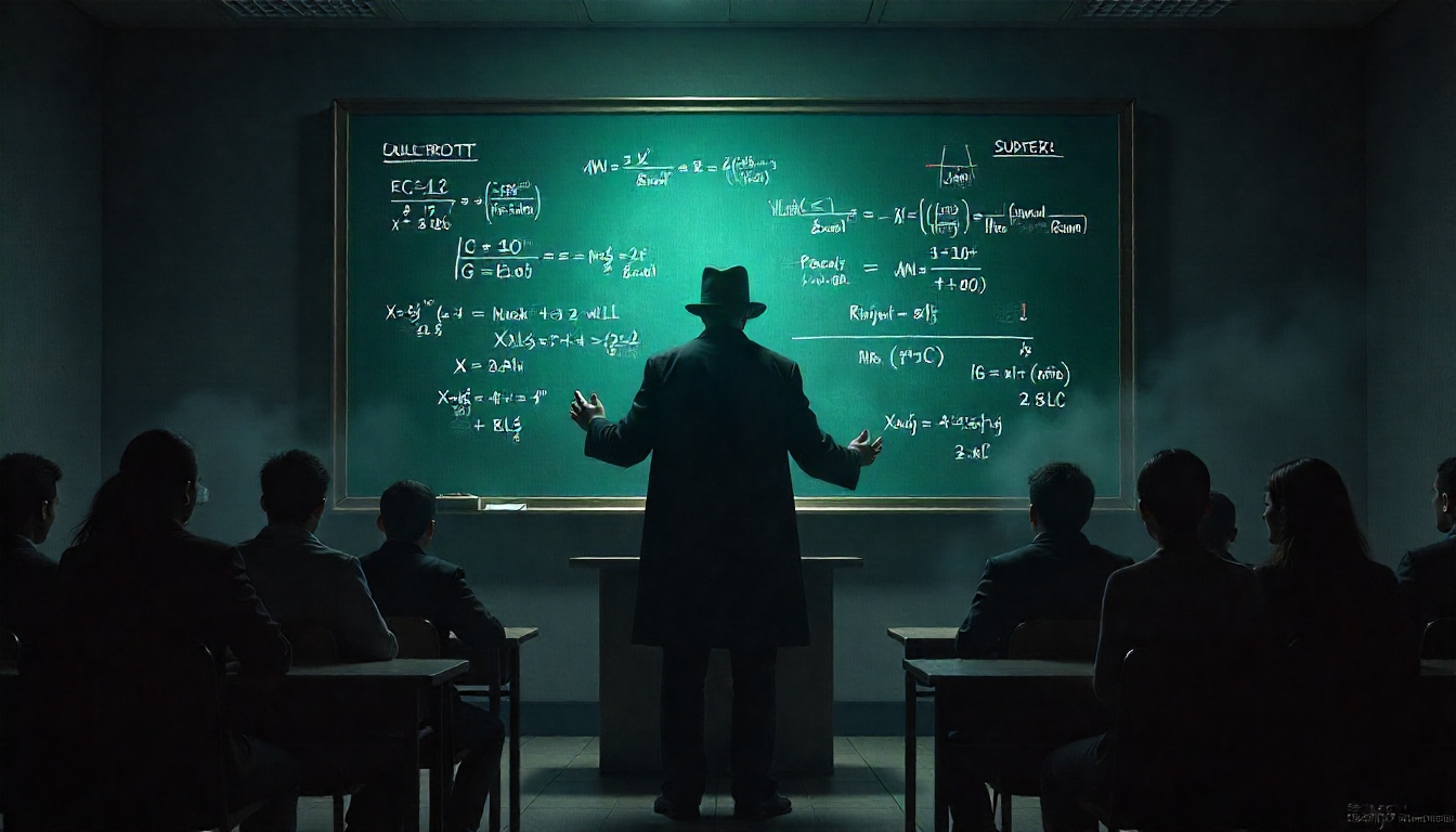 ब्लैकबोर्ड पर गुप्त फार्मूलों के साथ अंधेरे क्लासरूम में खड़ा रहस्यमयी प्रोफेसर
