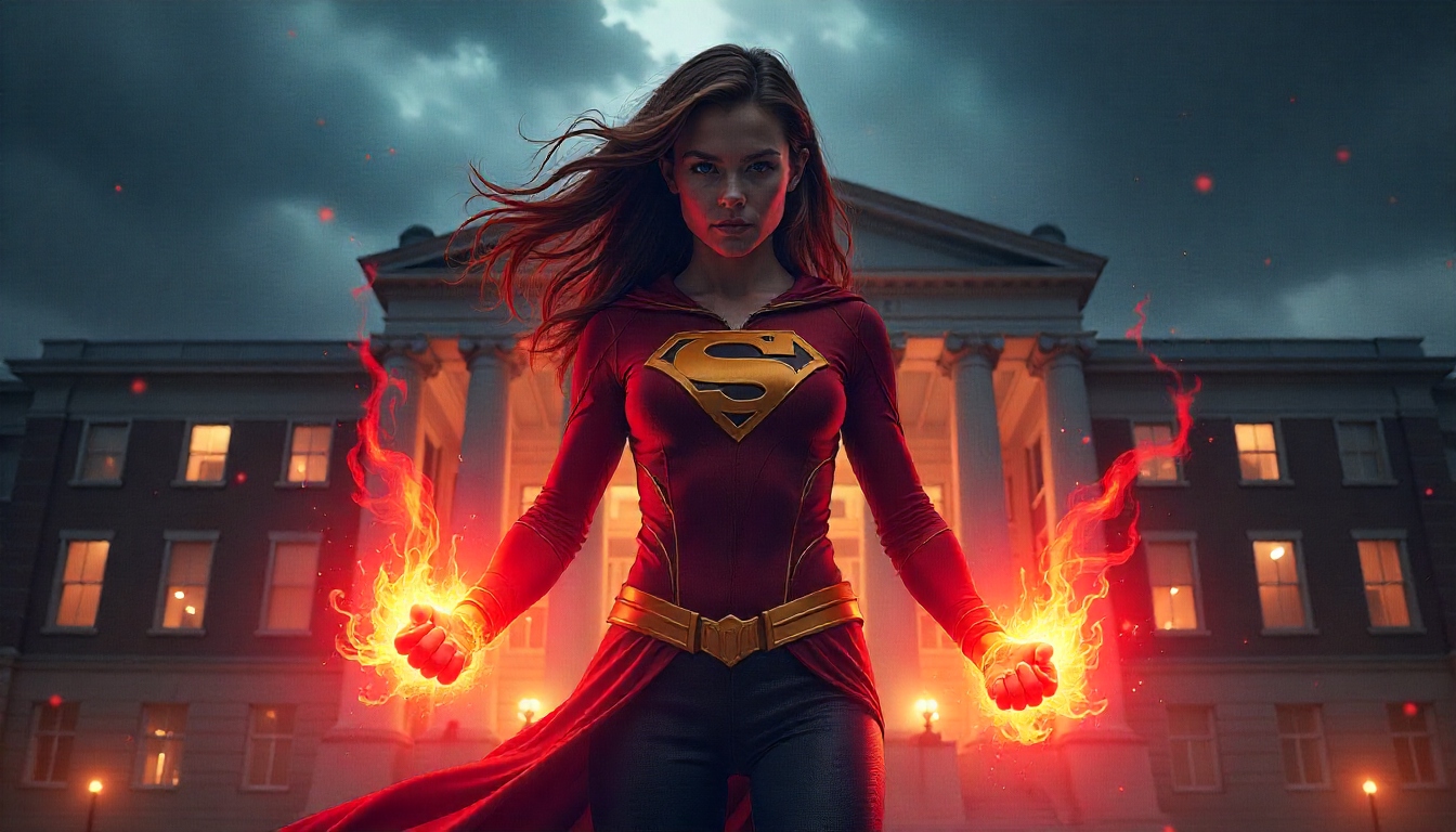 लाल चमकदार शक्ति वाली लड़की और पीछे Godolkin यूनिवर्सिटी की इमारत का दृश्य

