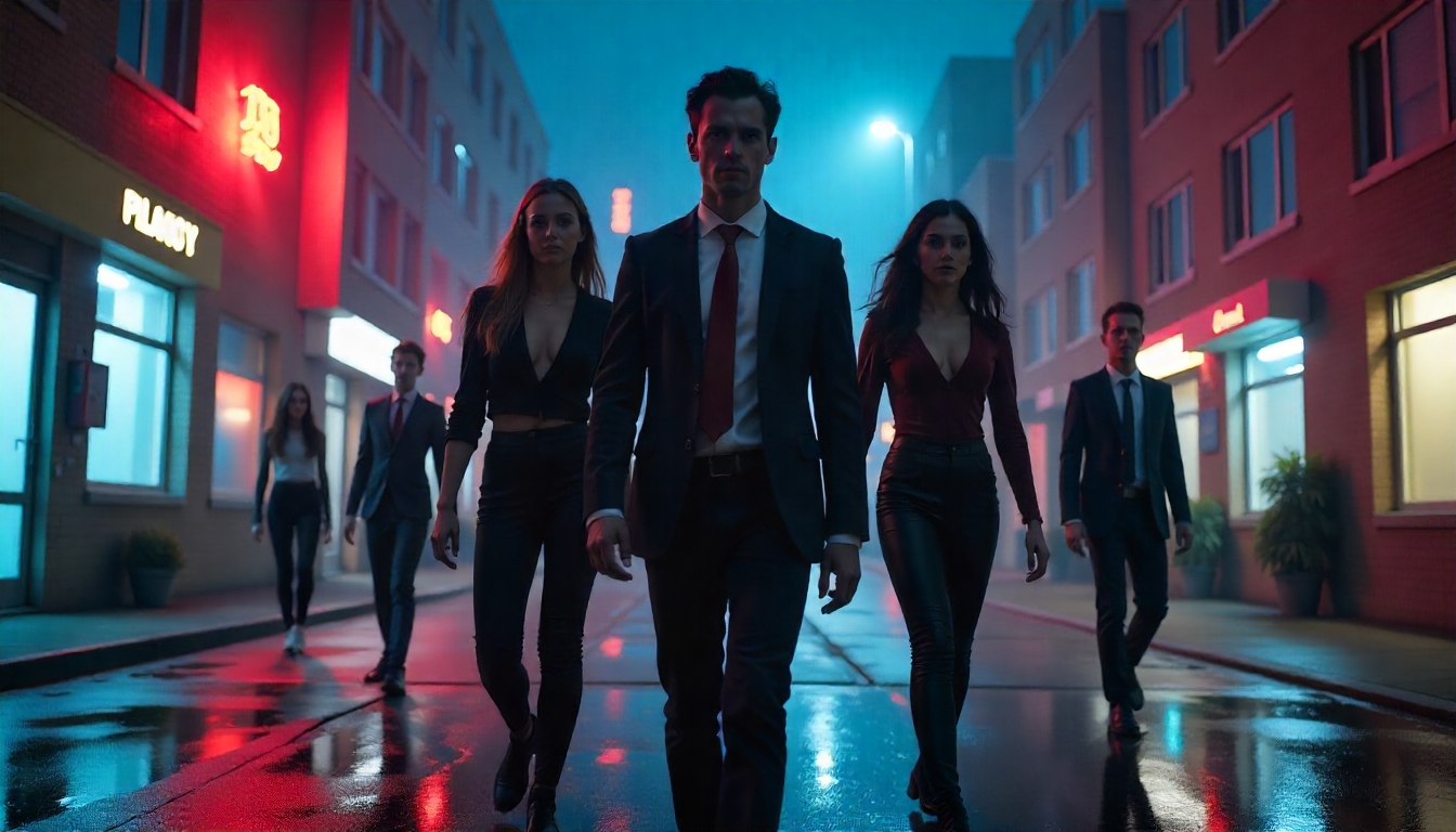 नीयन लाइट्स से जगमगाता रात का यूनिवर्सिटी कैंपस और खड़े युवा सुपरहीरो का पोस्टर