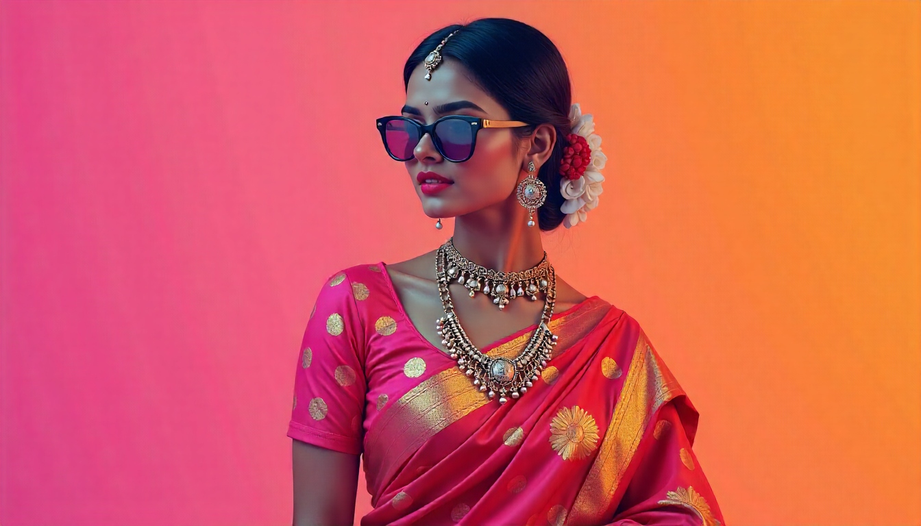 “गूगल जेमिनी एआई फिल्टर आधुनिक लड़की को पारंपरिक साड़ी आउटफिट में बदलते हुए डिजिटल आर्ट”