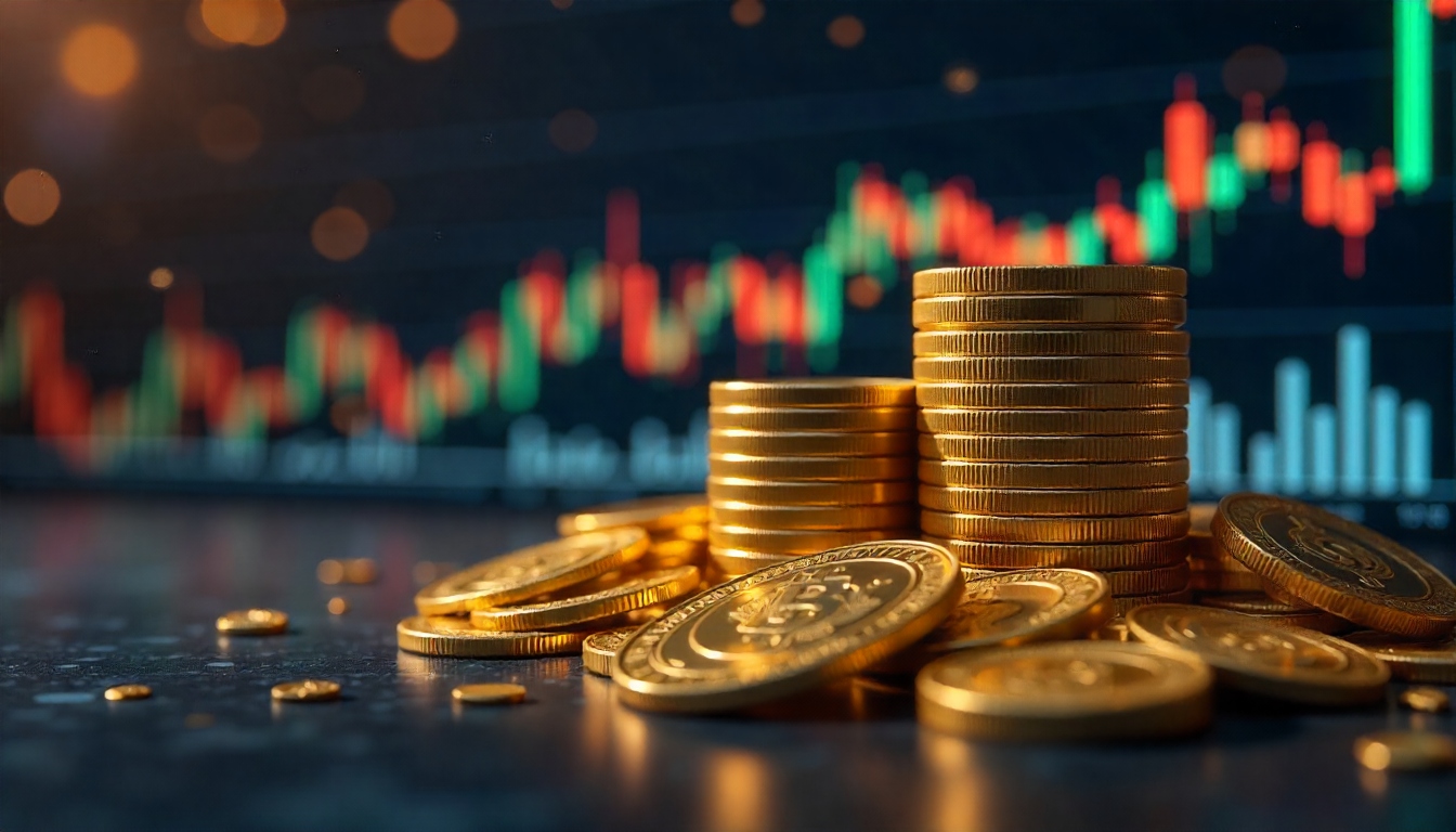 भारतीय बैंक और पेंशन फंड्स नॉन-एग्री कमोडिटी ट्रेडिंग में प्रवेश करते हुए, सोने के सिक्के, चांदी की ईंटें और क्रूड ऑयल बैरल के साथ स्टॉक मार्केट चार्ट की डिजिटल आर्ट।
