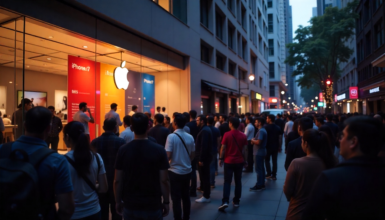 लोग iPhone 17 लॉन्च इवेंट की तस्वीरें और वीडियो कैप्चर करते हुए, सोशल मीडिया शेयरिंग का माहौल
