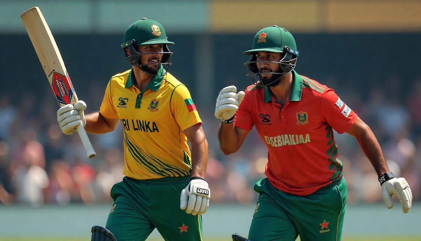 "श्रीलंका और बांग्लादेश के बल्लेबाज़ एशिया कप मैच में रन दौड़ते हुए एक्शन में"
