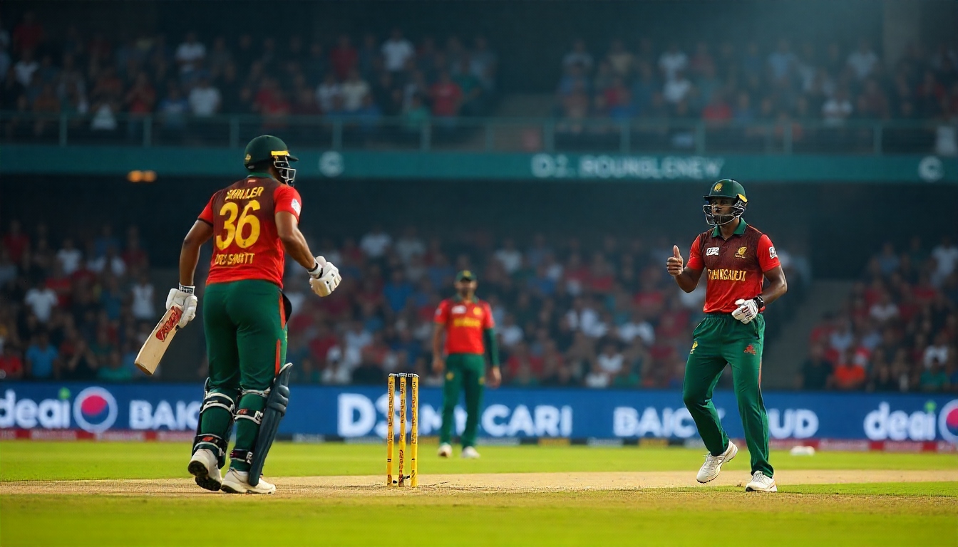 "क्रिकेट स्टेडियम में बांग्लादेश टीम के खिलाड़ी रन लेते हुए मैच के दौरान शॉट खेलते हुए"
