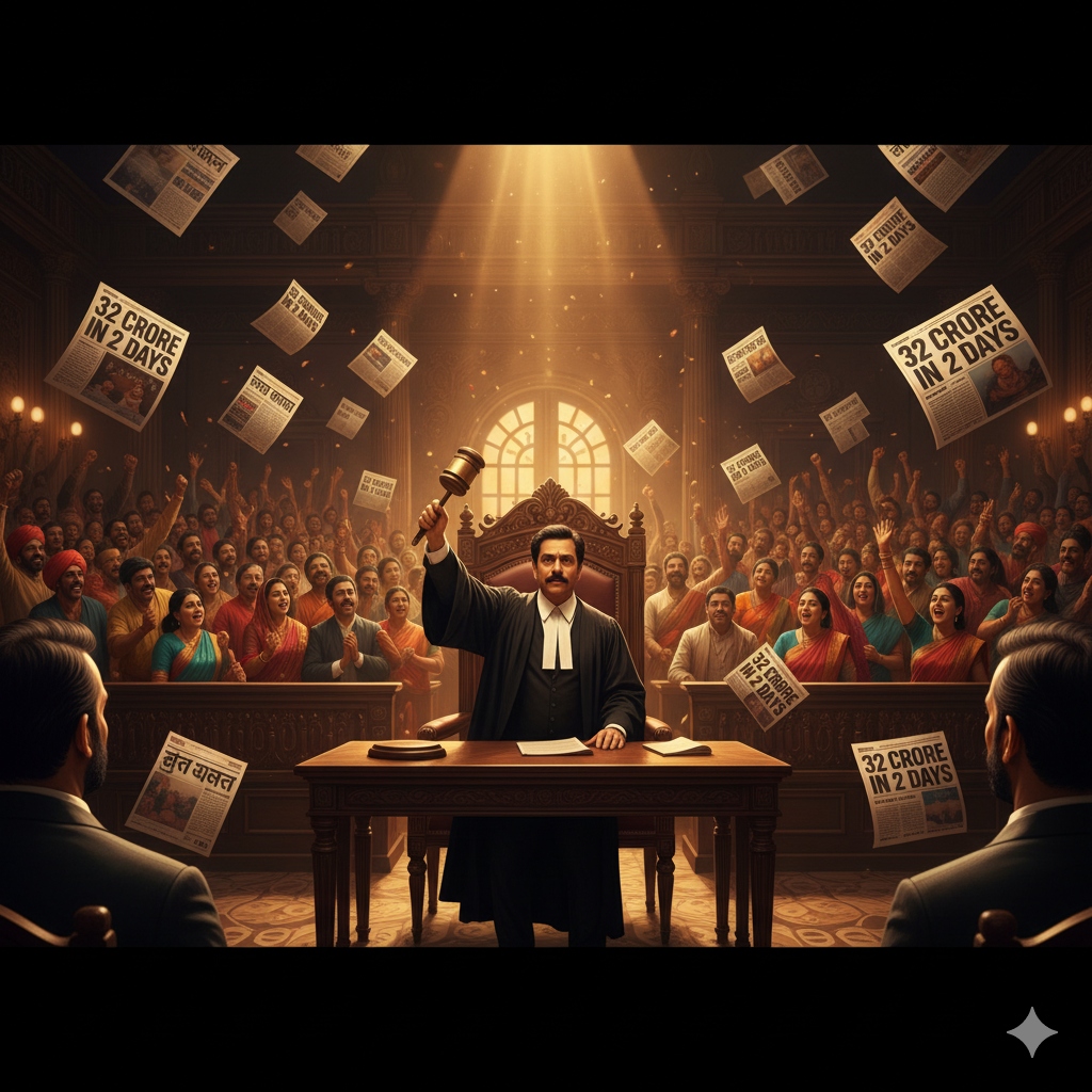 गहमागहमी से भरा भारतीय कोर्टरूम, जज का हथौड़ा हवा में, दर्शक तालियां बजाते हुए, Jolly LLB 3 के 32 करोड़ कलेक्शन की हेडलाइन