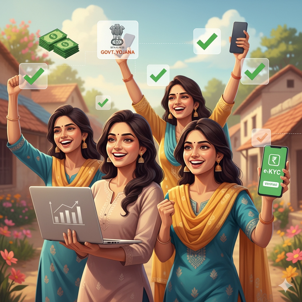 सशक्त भारतीय महिलाएं मोबाइल और लैपटॉप के माध्यम से आर्थिक स्वतंत्रता का जश्न मनाती हुई, मासिक सहायता और सरकार की योजना e-KYC आइकन के साथ