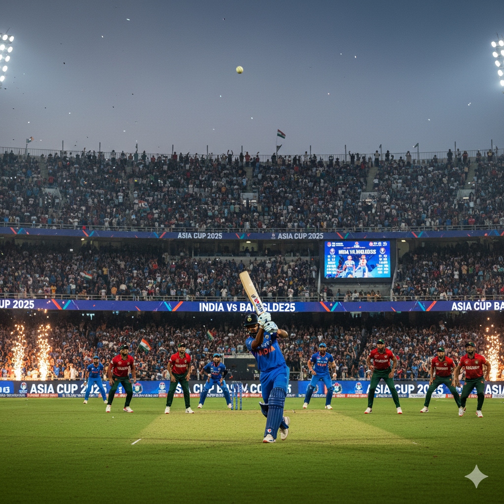 "India vs Bangladesh cricket match live action, batsman hitting six in Asia Cup 2025, stadium full of cheering crowd, thrilling sports moment"
