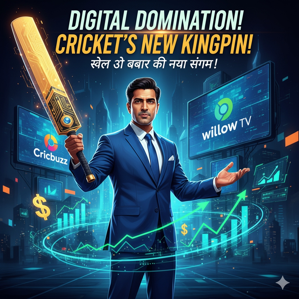 क्रिकेट बॅट पकड़े हुए बिज़नेसमैन के साथ निवेश और डिजिटल चार्ट्स का दृश्य, Dream Sports, Cricbuzz और Willow TV का बिज़नेस धमाका।