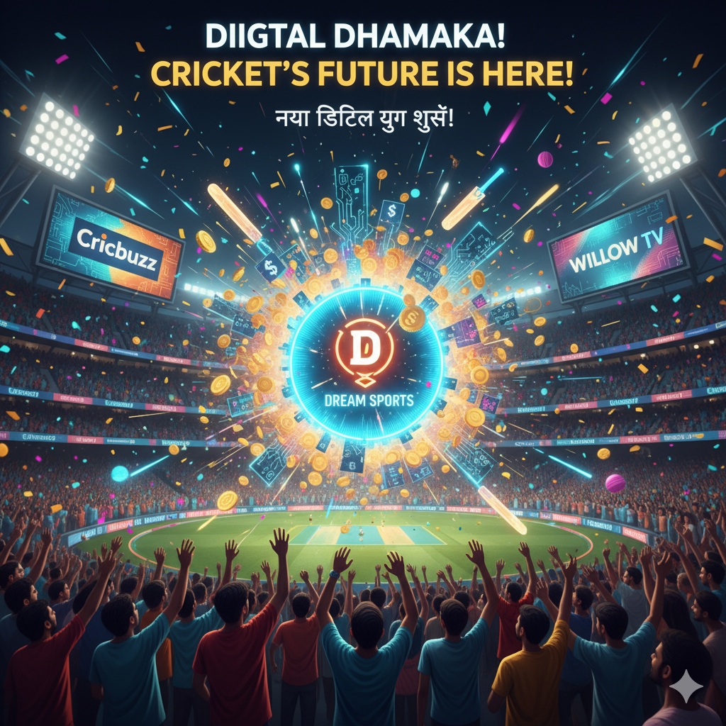 डिजिटल क्रिकेट स्टेडियम में पैसा और डिजिटल आइकॉन के साथ फैंस जश्न मनाते हुए, Dream Sports का Cricbuzz और Willow TV में निवेश का जश्न।