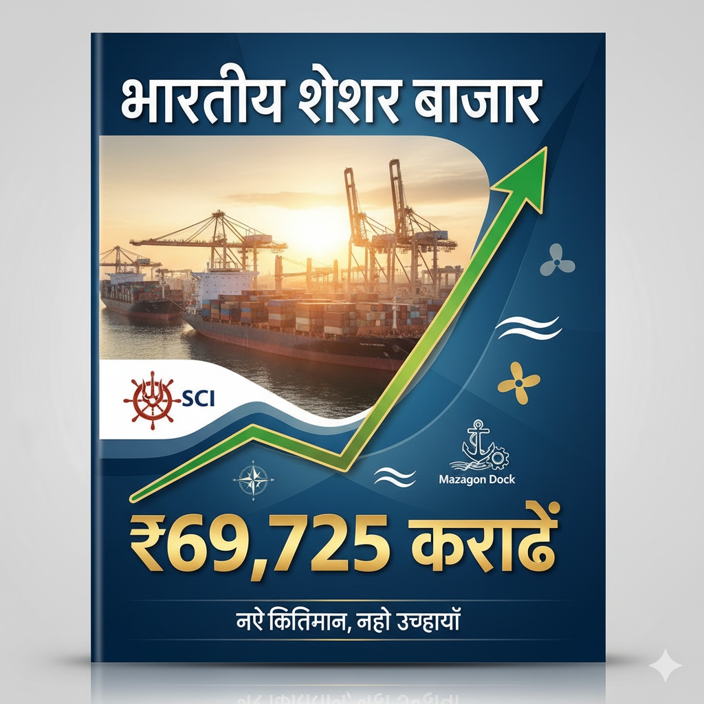 "भारतीय शेयर बाजार में तेजी दिखाता ग्राफ, बैकग्राउंड में बड़े जहाज और शिपयार्ड, ₹69,725 करोड़ पैकेज का प्रतीक, SCI और Mazagon Dock से जुड़ी न्यूज़ विजुअल"
