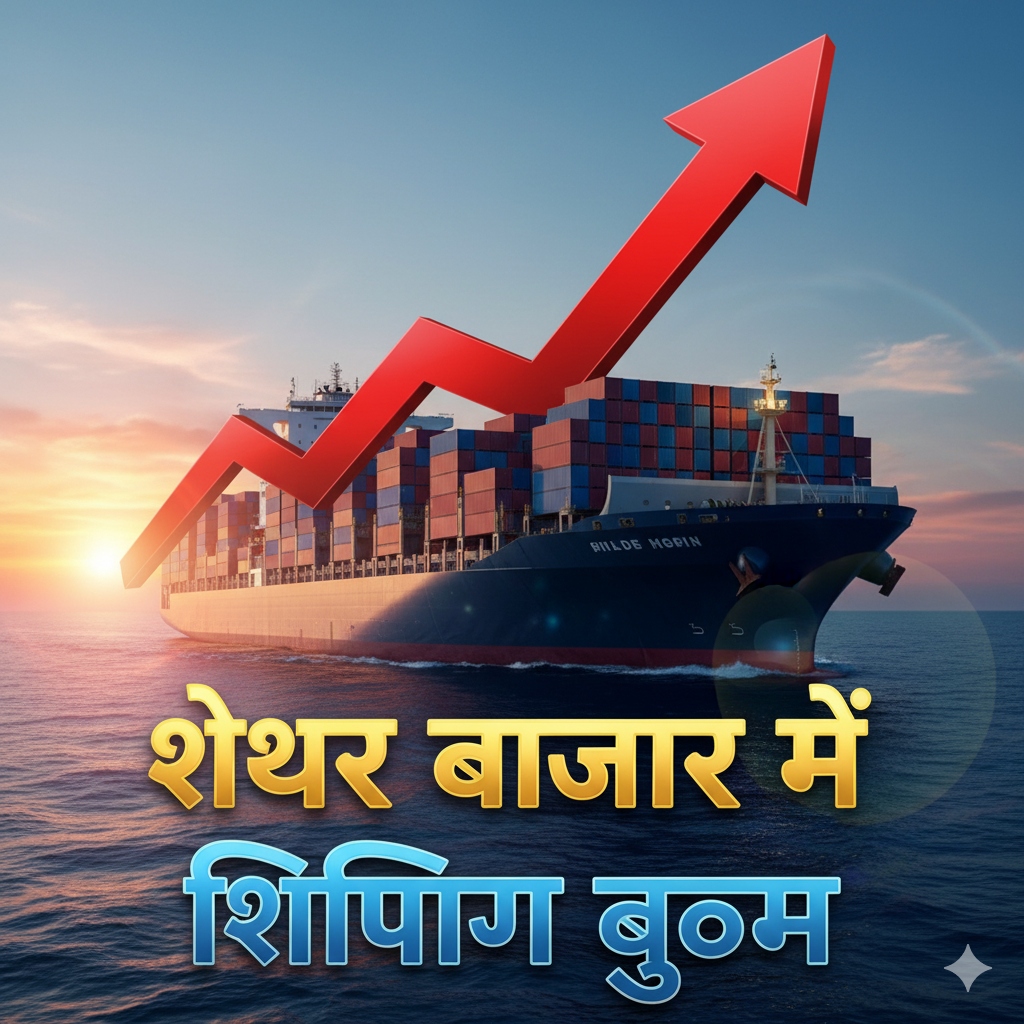 "समुद्र पर चलता कार्गो शिप, ऊपर हरे रंग का स्टॉक मार्केट तीर, टेक्स्ट में लिखा ‘शेयर बाजार में शिपिंग बूम’, आकर्षक और ध्यान खींचने वाला थंबनेल"