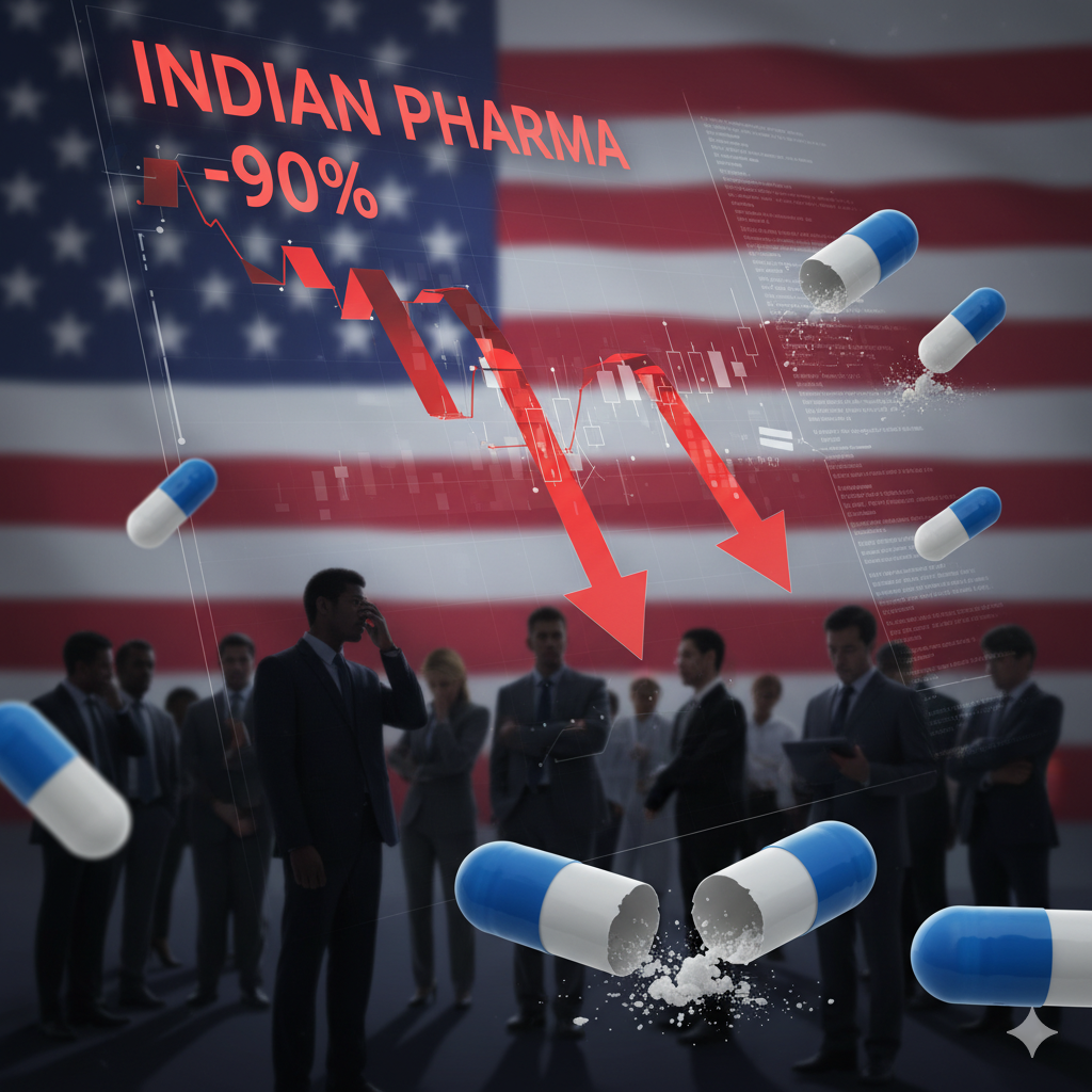 भारतीय फार्मा स्टॉक्स पर अमेरिका के 100% टैरिफ का असर दिखाती स्टॉक मार्केट चार्ट इमेज, लाल डाउनवर्ड एरो और दवाओं की पृष्ठभूमि।