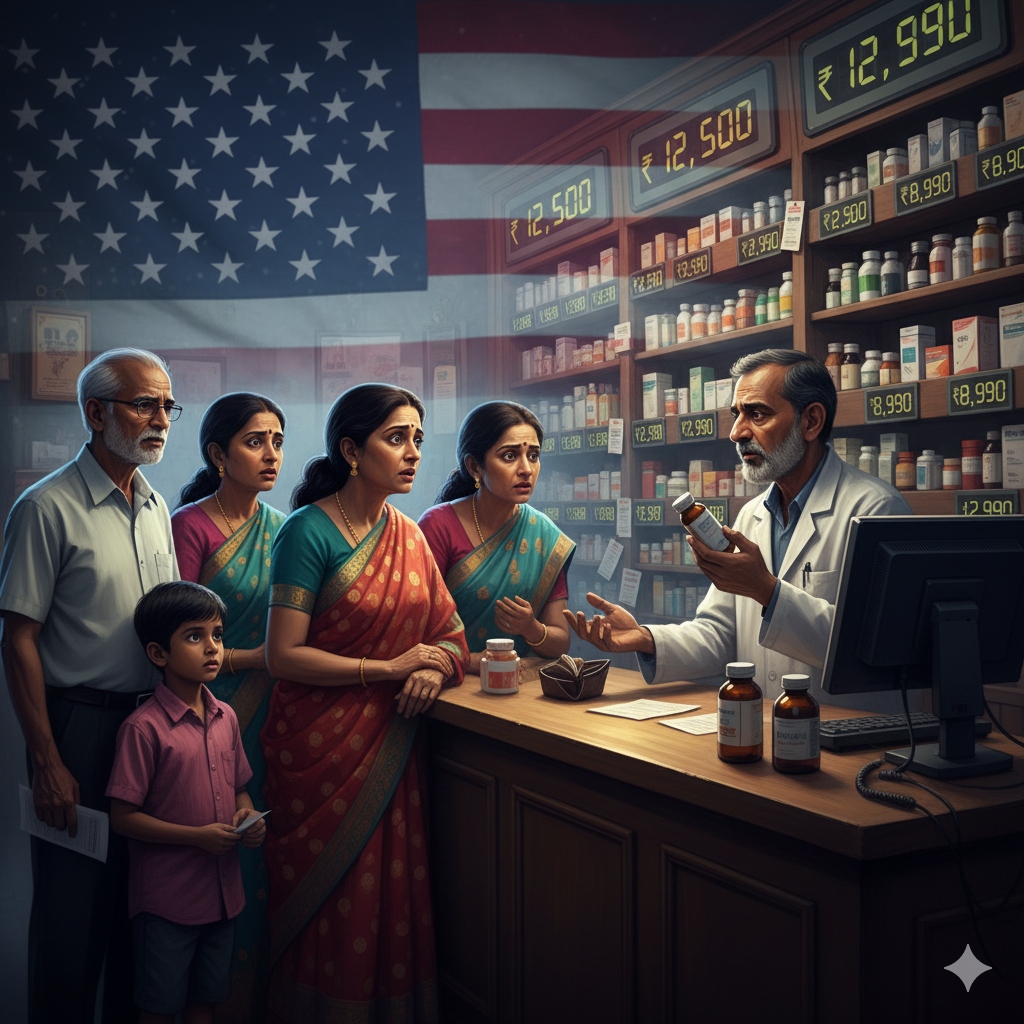 भारतीय मरीज फार्मेसी काउंटर पर चिंतित, दवा की कीमतें बढ़ी हुई, अमेरिकी झंडा पृष्ठभूमि में, भावनात्मक और प्रभावशाली दृश्य।