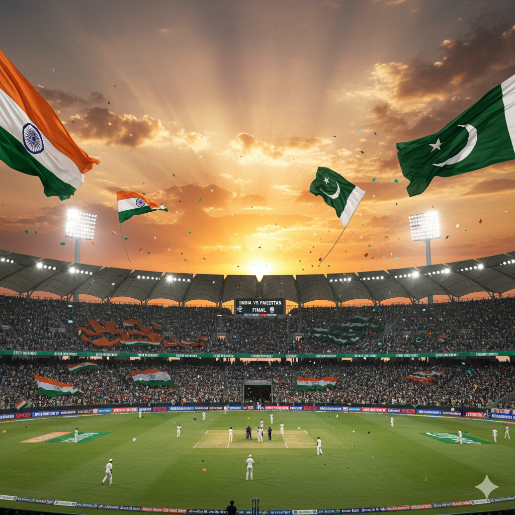 Asia Cup 2025 Final भारत बनाम पाकिस्तान, दुबई स्टेडियम में दर्शक और झंडों के साथ रोमांचक मैच