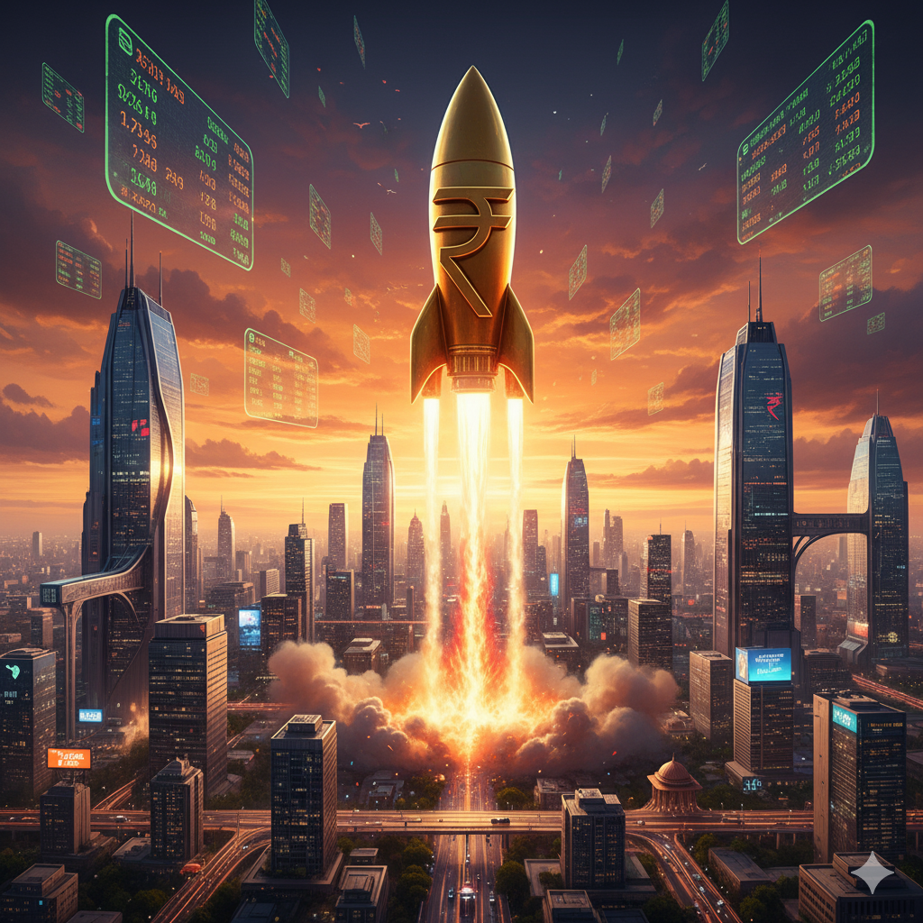 फ्यूचरिस्टिक भारतीय सिटीस्केप में रुपया-आकार का गोल्डन रॉकेट टेकऑफ करता हुआ, आसमान में स्टॉक टिकर्स – Elitecon स्टॉक ग्रोथ का प्रतीक