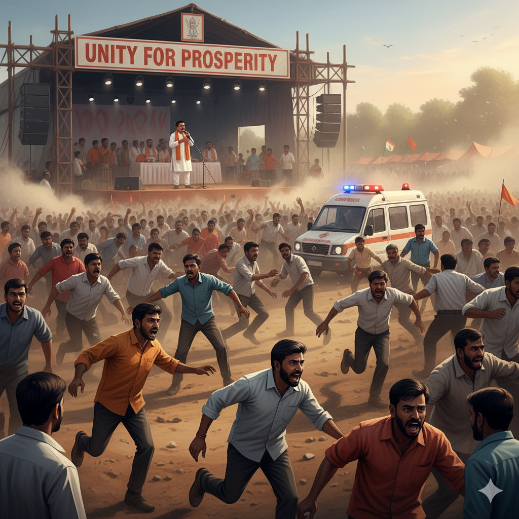 करूर स्टैम्पीडे की न्यूज़ इमेज, बड़ी भीड़ में भगदड़, मंच पर भाषण, एम्बुलेंस और इमरजेंसी स्टाफ की मौजूदगी, वास्तविक और डाइनामिक दृश्य