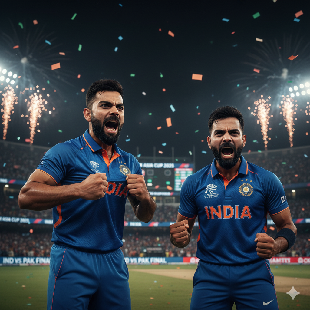 विराट कोहली और रोहित शर्मा की आक्रामक सेलिब्रेशन तस्वीर, एशिया कप फाइनल जीत के बाद।