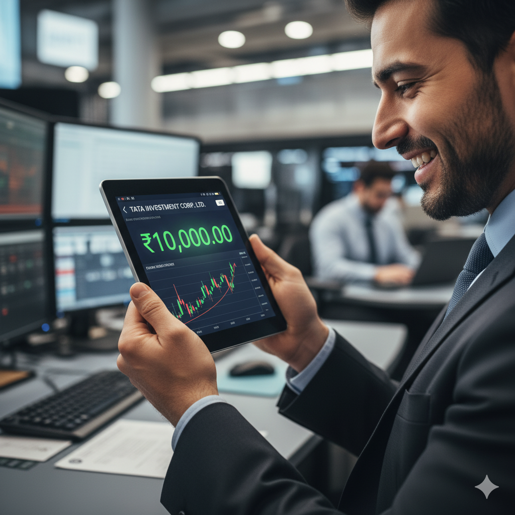 एक व्यवसायी टेबलेट पर टाटा इन्वेस्टमेंट का शेयर देखता हुआ, कीमत ₹10,000, खुश निवेशक, भारतीय शेयर मार्केट ट्रेडिंग फ्लोर