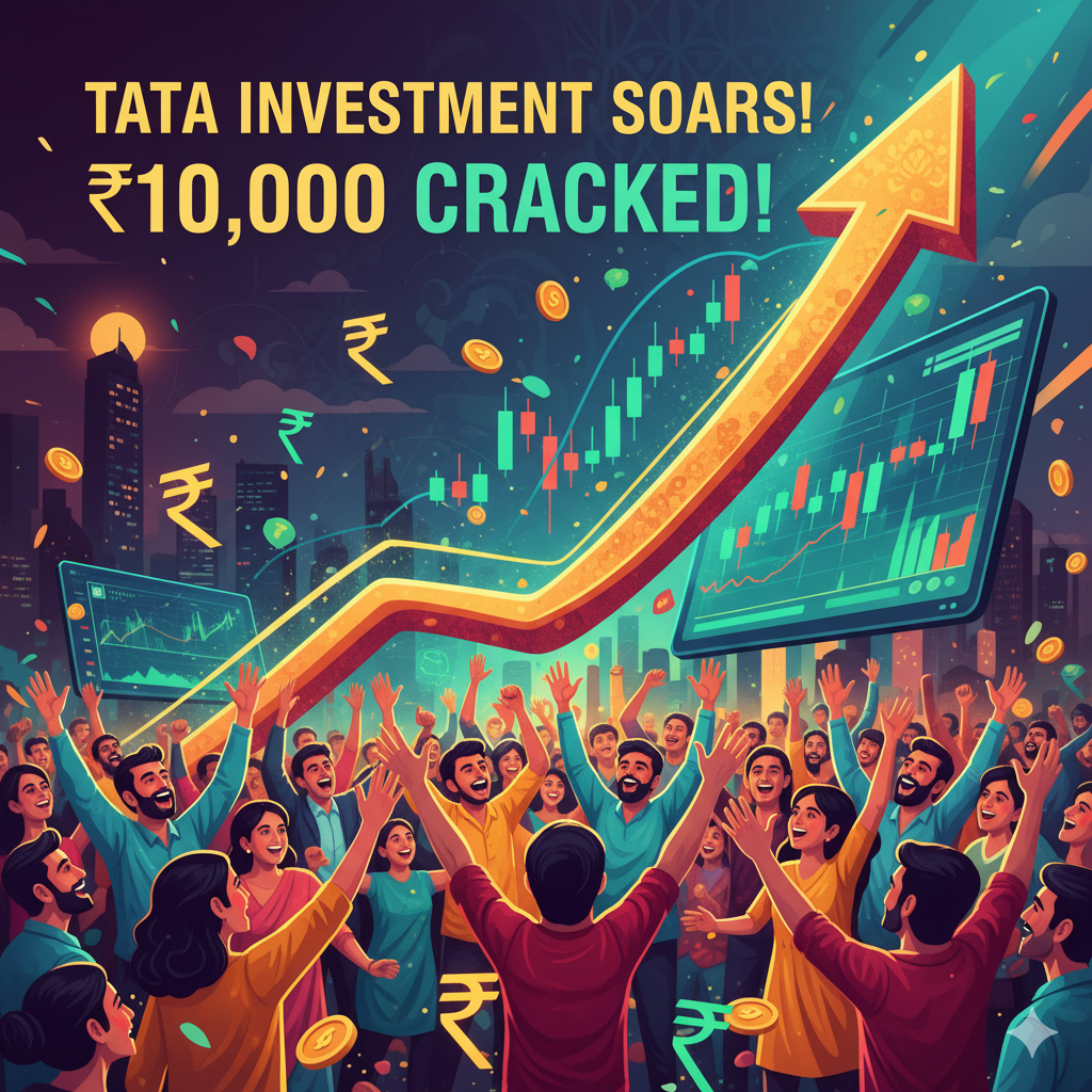 क्रिएटिव इलेस्ट्रेशन: टाटा इन्वेस्टमेंट का शेयर ₹10,000 पार करता हुआ, निवेशक जश्न मनाते हुए, डिजिटल चार्ट और भारतीय रुपये के प्रतीक