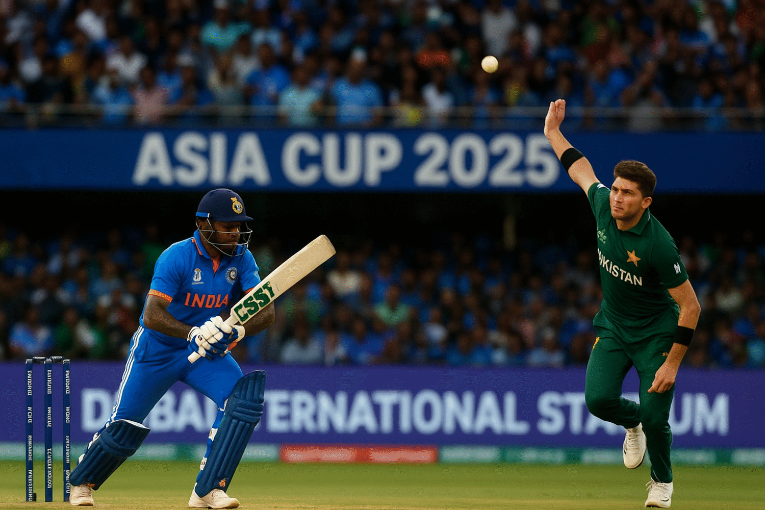 “एशिया कप 2025 मैच के दौरान दुबई इंटरनेशनल स्टेडियम में भारत और पाकिस्तान के खिलाड़ियों की लाइव क्रिकेट एक्शन शॉट।”
