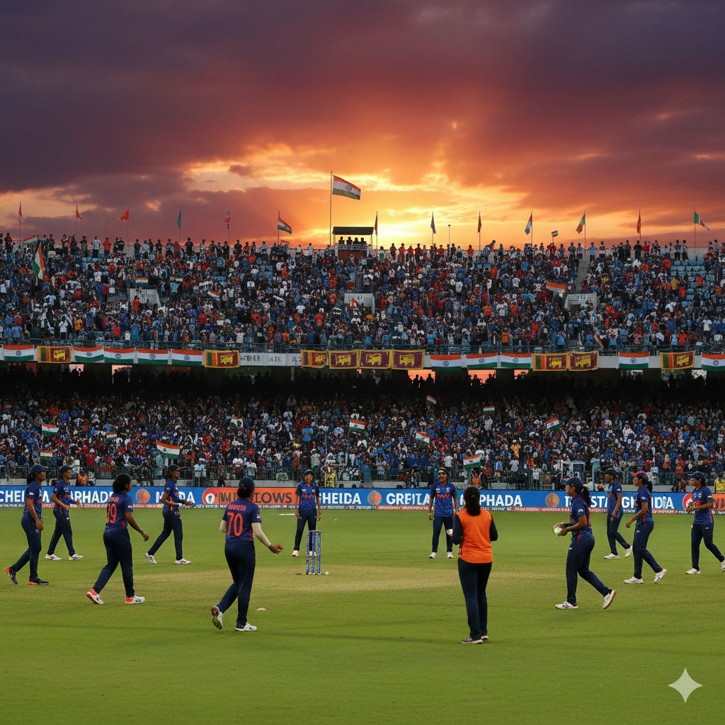 "भारत बनाम श्रीलंका महिला वर्ल्ड कप 2025 मैच के लिए खचाखच भरा स्टेडियम और दर्शकों का जोश।"