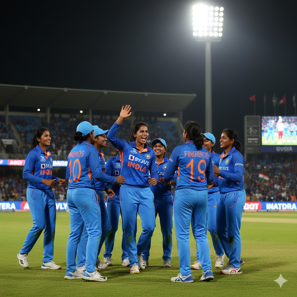 "भारतीय महिला क्रिकेट टीम विकेट लेने के बाद जश्न मनाती हुई।"