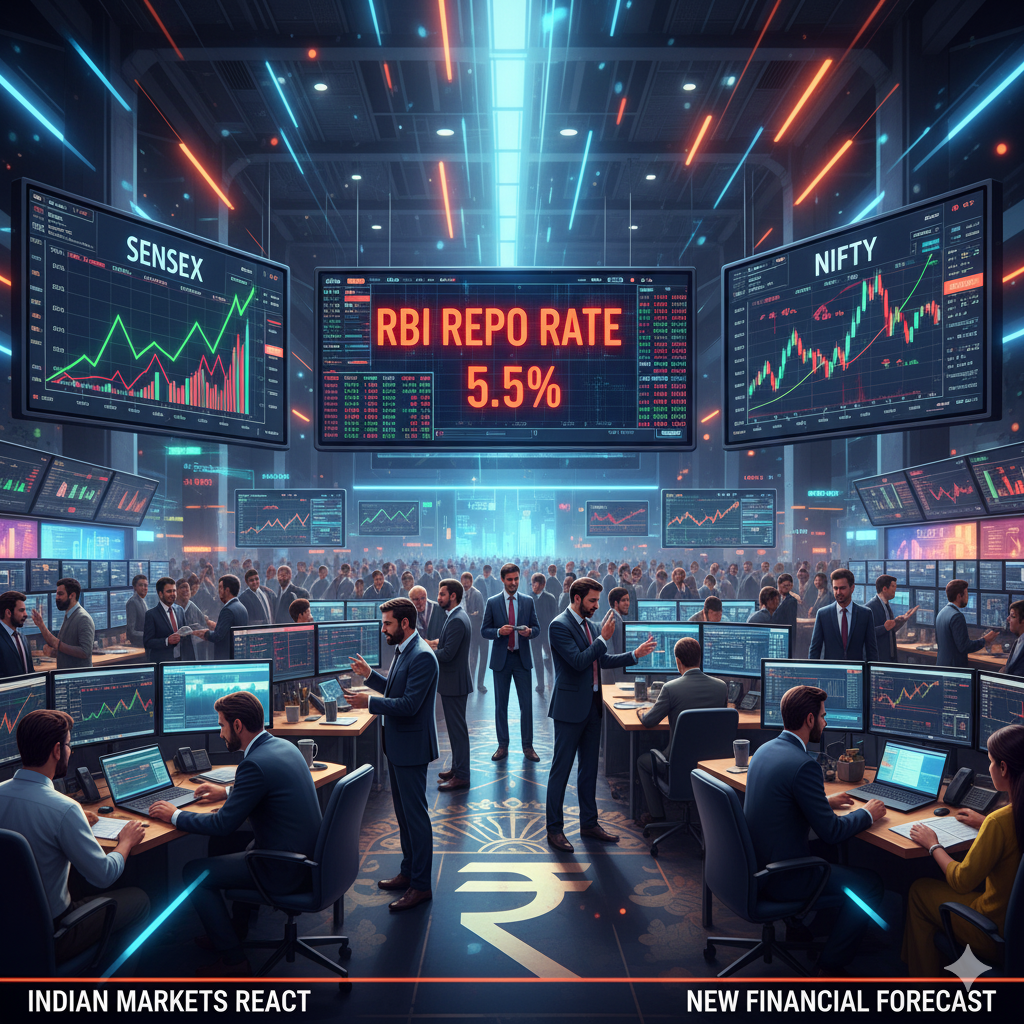"Indian stock market with RBI 5.5% repo rate on screens, stock charts and rupee symbols, energetic trading environment