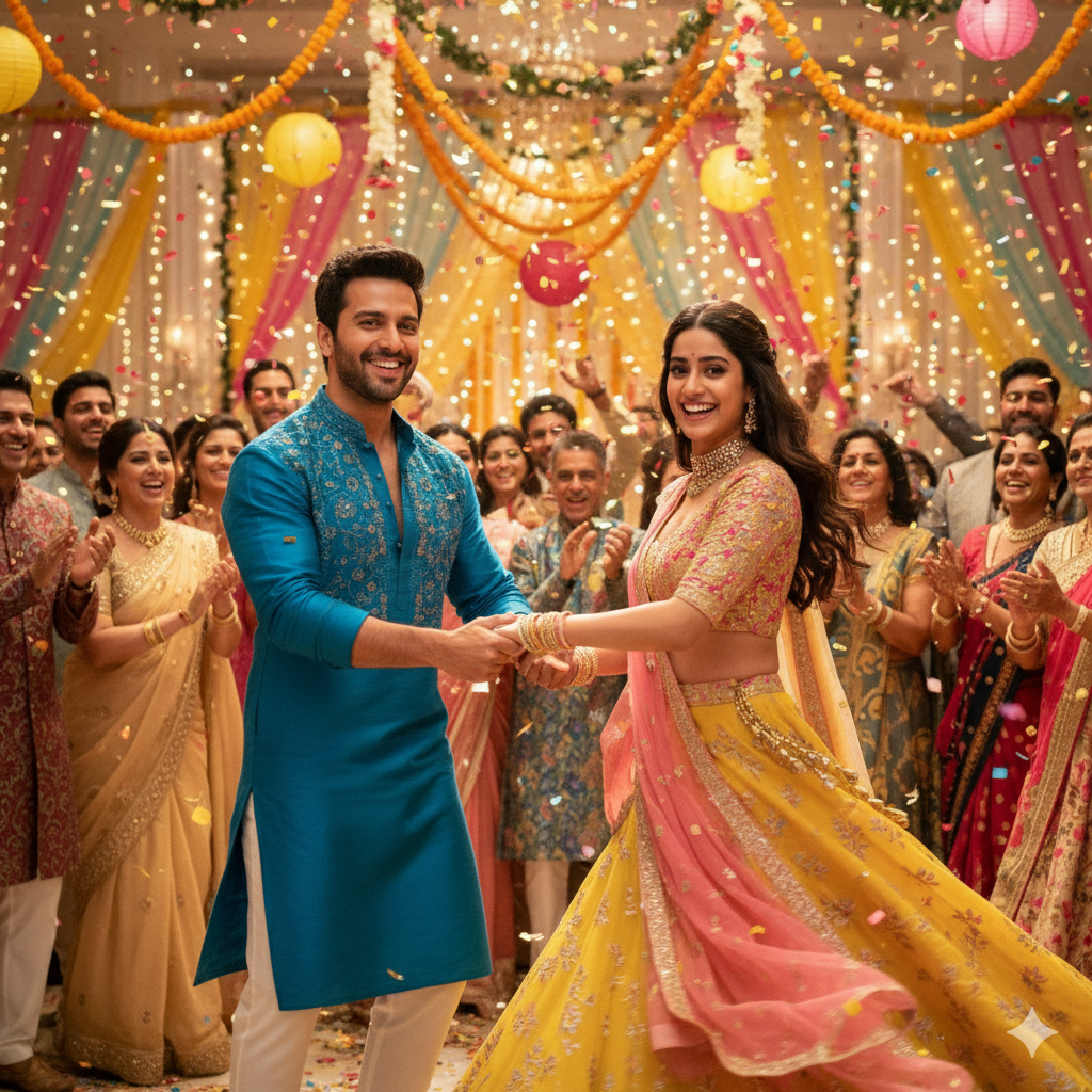 "वरुण धवन और जाह्नवी कपूर शादी की पार्टी में खुशमिजाज डांस करते हुए, परिवार और दोस्तों के बीच रंग-बिरंगी सजावट, कॉमिक और रोमांटिक मूड, बॉलीवुड रोमांटिक कॉमेडी सीन"