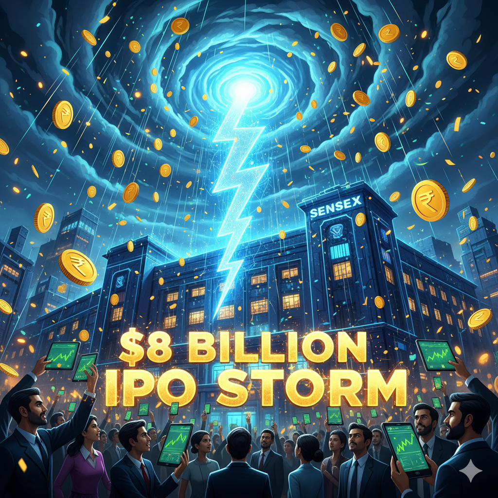 "भारत में IPO तूफान, उड़ते रुपये और डॉलर के चिन्ह, स्टॉक एक्सचेंज बिल्डिंग और गोल्डन कॉइन रेन"