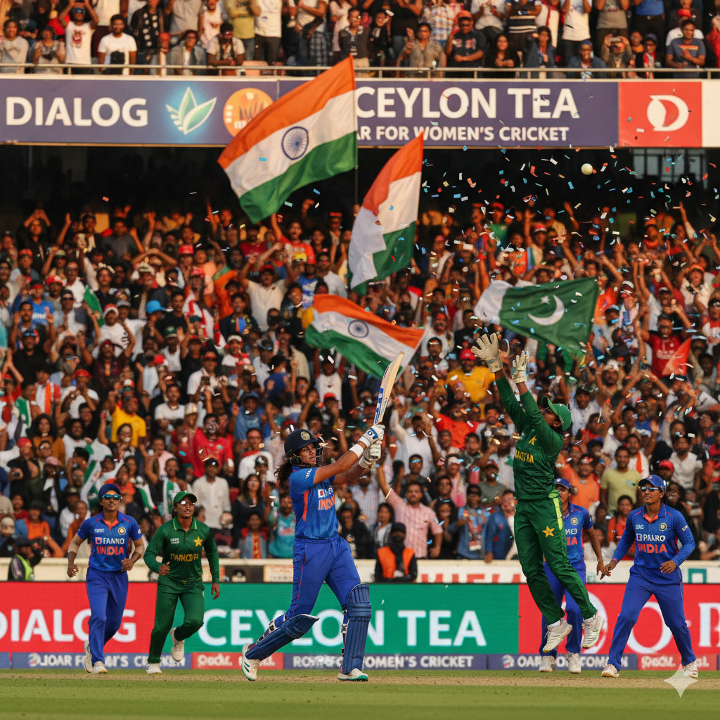 "कोलंबो स्टेडियम में भारत-पाकिस्तान महिला क्रिकेट मैच का एक्शन दृश्य, दर्शक उत्साहित और खिलाड़ी रंग-बिरंगी यूनिफॉर्म में खेलते हुए।"