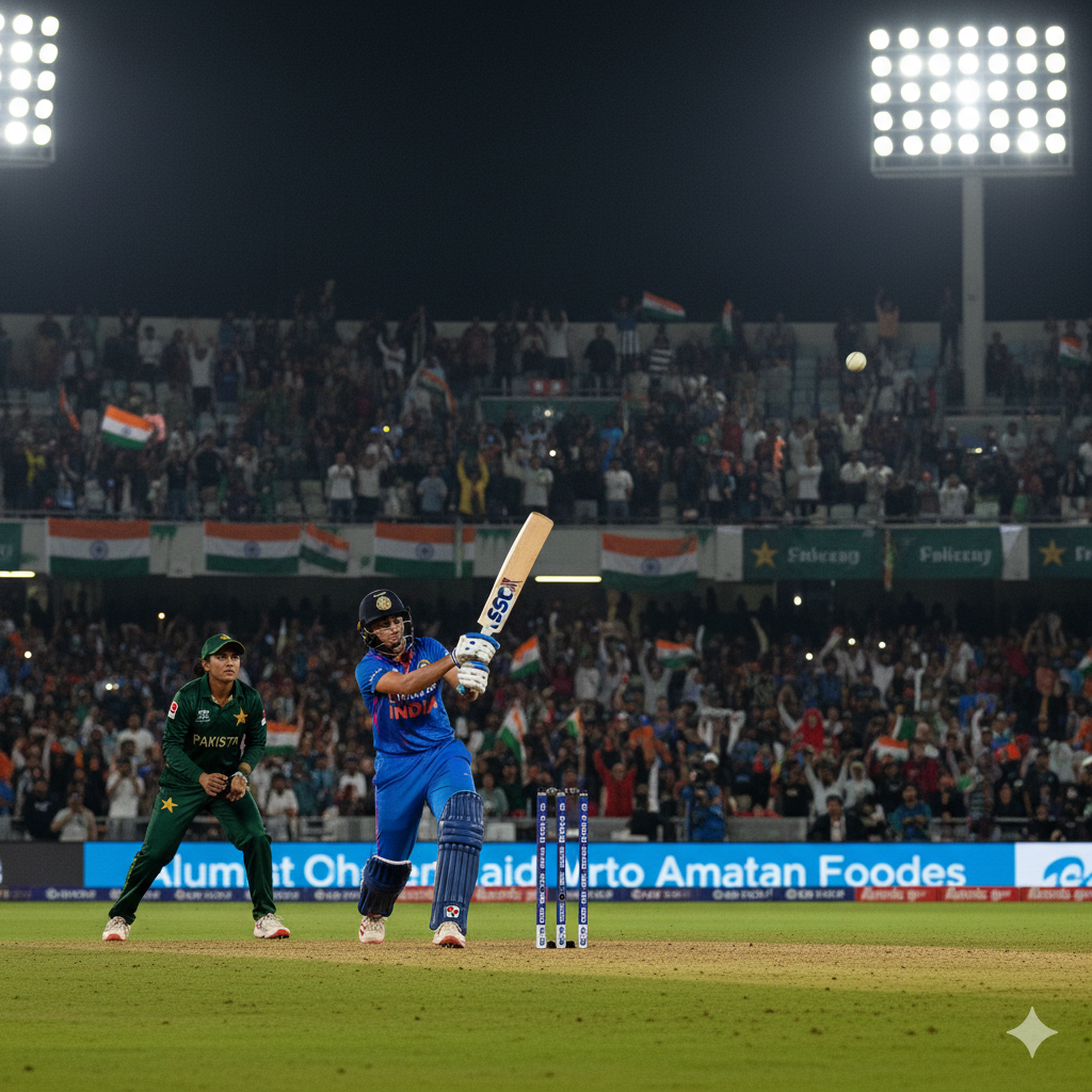 "महिला क्रिकेट मैच का रोमांचक दृश्य, बल्लेबाज और गेंदबाज आमने-सामने, स्टेडियम में चमकती लाइट्स और उत्साहित दर्शक।"