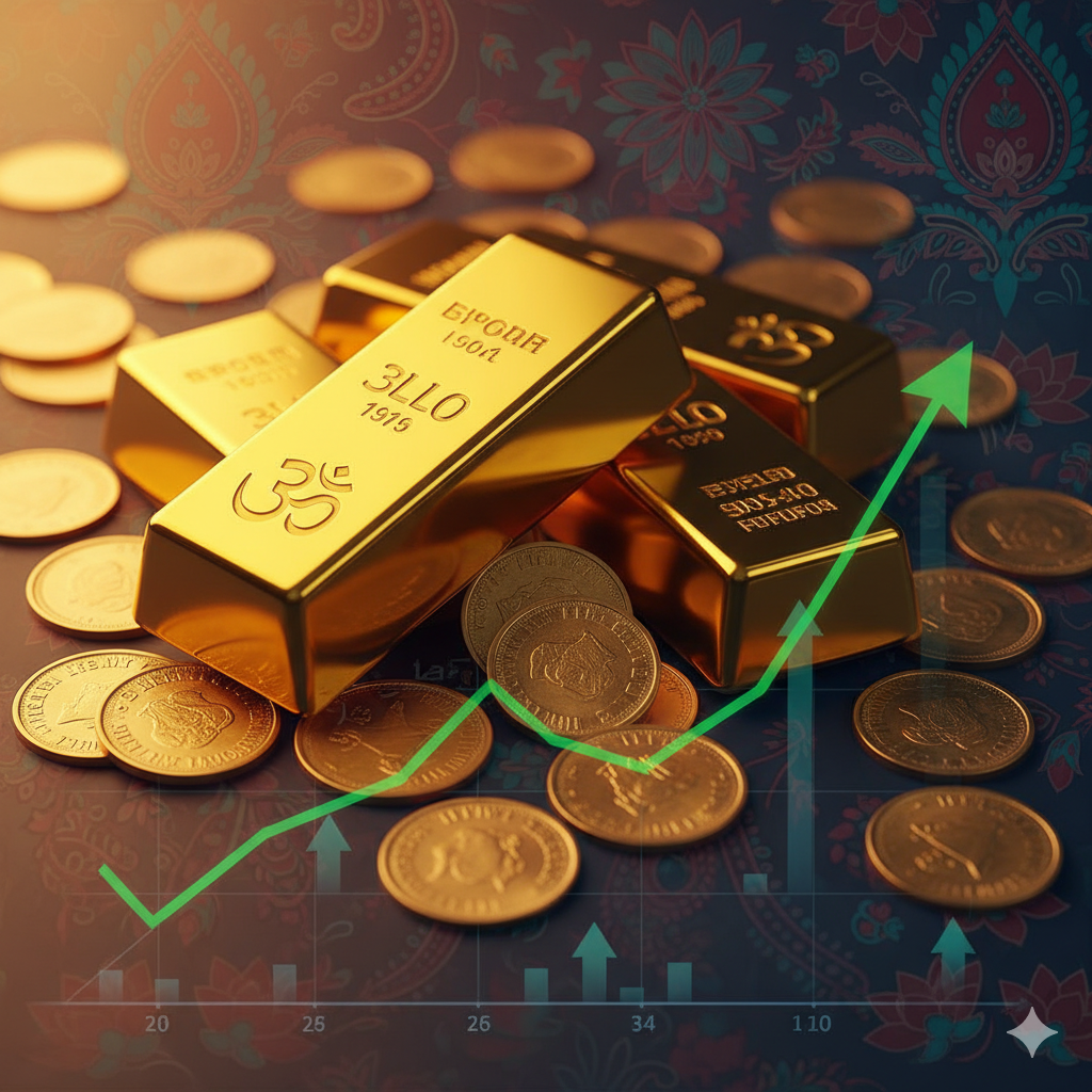 "सोने के बार और सिक्के वित्तीय चार्ट के सामने, भारत की निवेश संस्कृति के साथ, बढ़ती कीमतों को दर्शाते हुए"