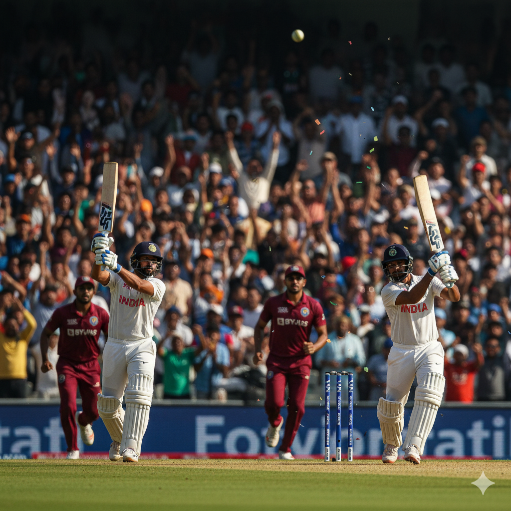 “KL Rahul और Dhruv Jurel की बल्लेबाज़ी, consecutive sixes मारते हुए, भारतीय जर्सी में, वेस्ट इंडीज़ फील्डर गेंद पकड़ने दौड़ते हुए, स्टेडियम में भीड़ उत्साहित, गतिशील और जीवंत दृश्य।”