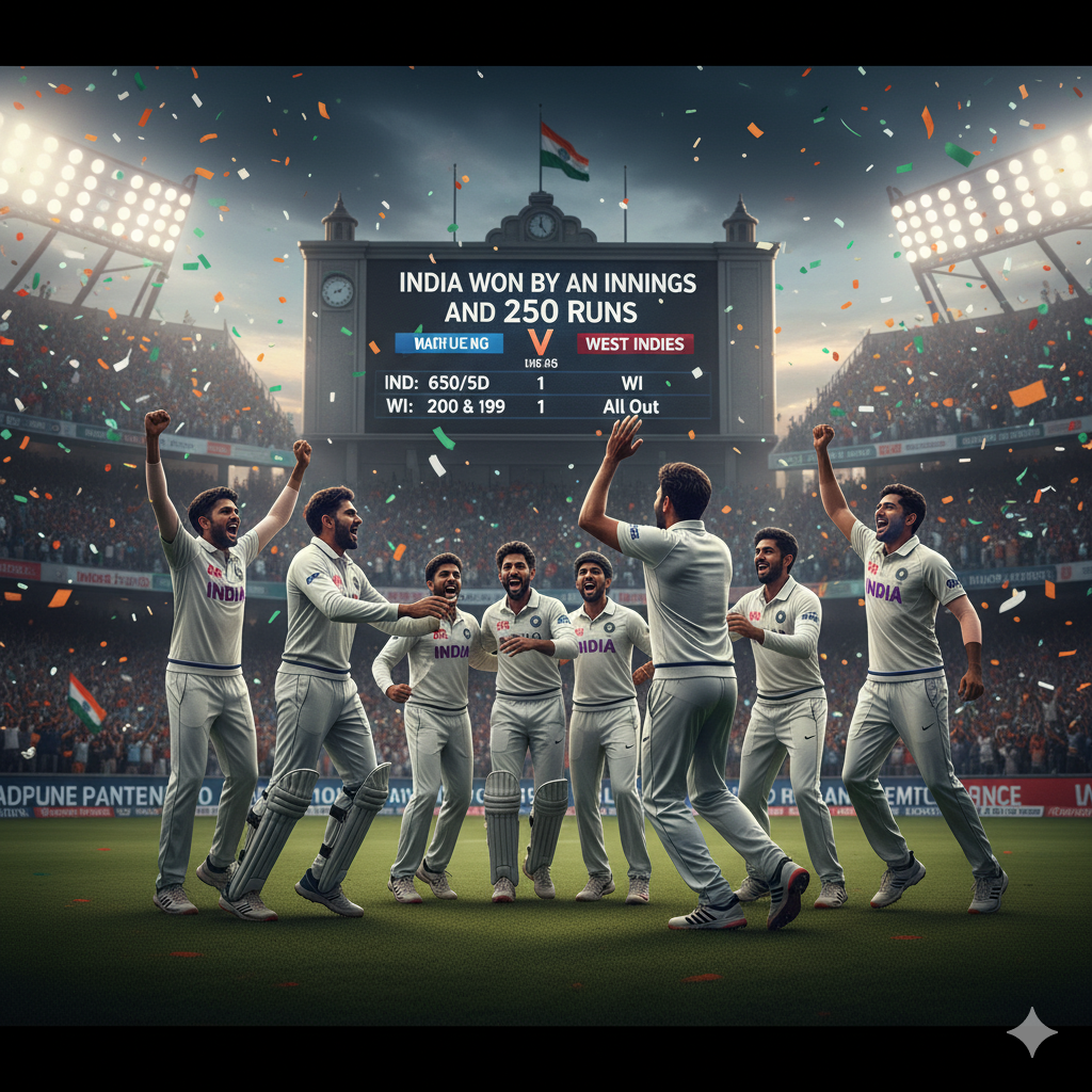 “टीम इंडिया टेस्ट मैच जीत के बाद पिच पर जश्न मनाती हुई, खिलाड़ी गले मिलते और कूदते हुए, स्कोरबोर्ड पर विशाल लीड, स्टेडियम में कॉन्फ़ेट्टी और फ्लडलाइट्स, रंगीन और हाई एनर्जी दृश्य।”