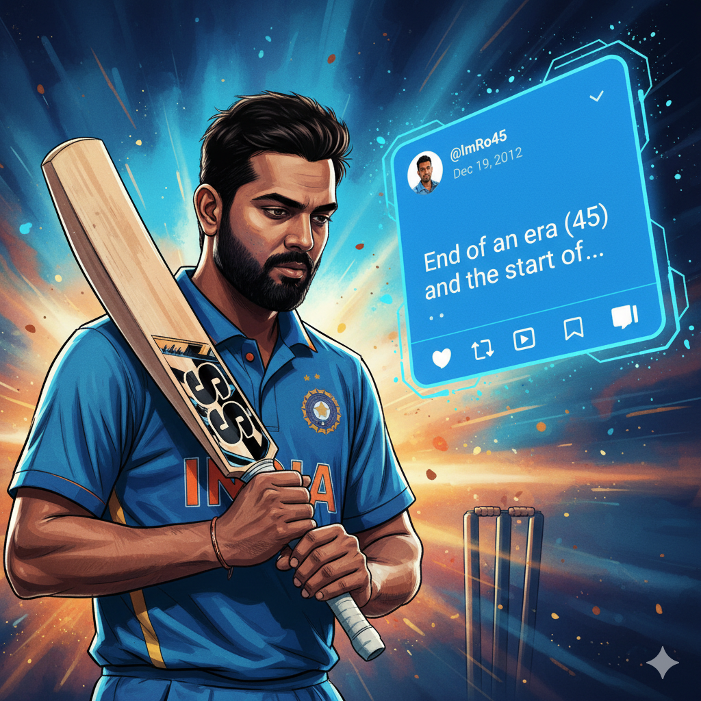 रोहित शर्मा सोचते हुए क्रिकेट स्टेडियम में, बैकग्राउंड में 2012 का ट्विटर पोस्ट 'End of an era (45) and the start of a new one (77)', भावनात्मक और नॉस्टैल्जिक क्रिकेट दृश्य"
