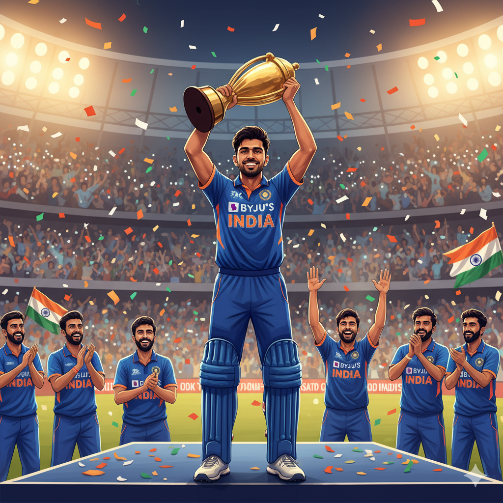 "शुभमन गिल ODI कप्तान के रूप में भारतीय टीम का नेतृत्व करते हुए, ट्रॉफी उठाते हुए, स्टेडियम में उत्साहित फैंस के बीच, चमकदार और उत्सवपूर्ण माहौल"