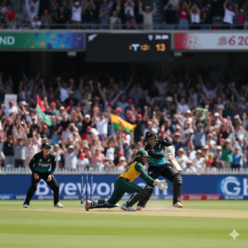 न्यूज़ीलैंड महिला क्रिकेट टीम और साउथ अफ्रीका महिला टीम के बीच वर्ल्ड कप मैच का रोमांचक दृश्य, स्टेडियम में जोश से भरा माहौल