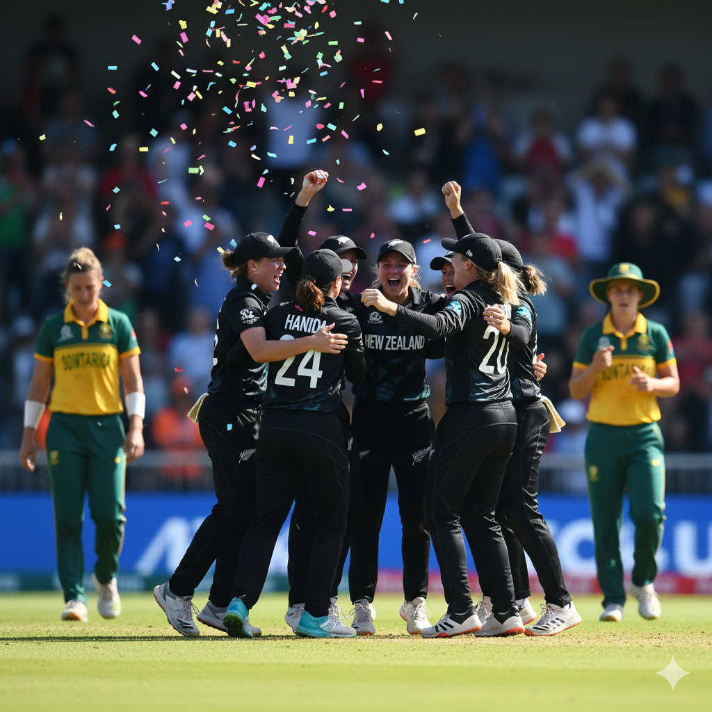 न्यूज़ीलैंड महिला टीम की जीत के बाद जश्न मनाती खिलाड़ी, मैदान पर खुशी और जोश का शानदार नजारा।