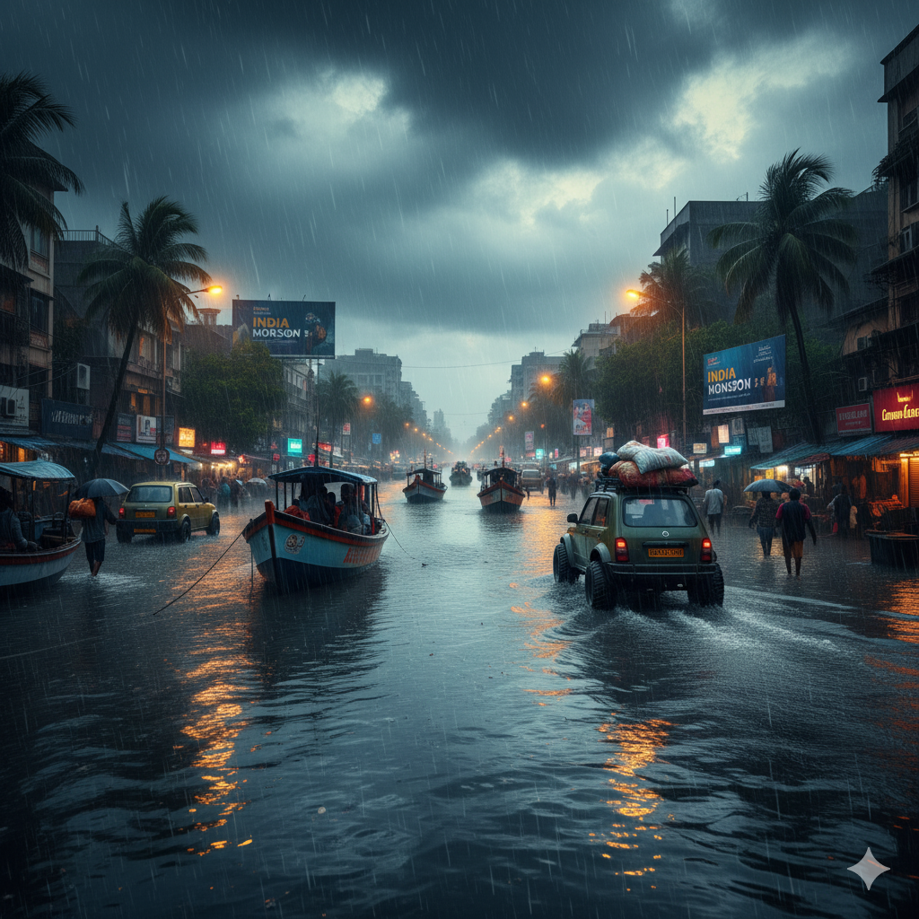 "मुंबई और पश्चिम भारत में भारी मॉनसून बारिश 2025: जलमग्न सड़कें, तेज़ हवाएँ, शहर के स्काईलाइन और नावें, पानी में परावर्तन"