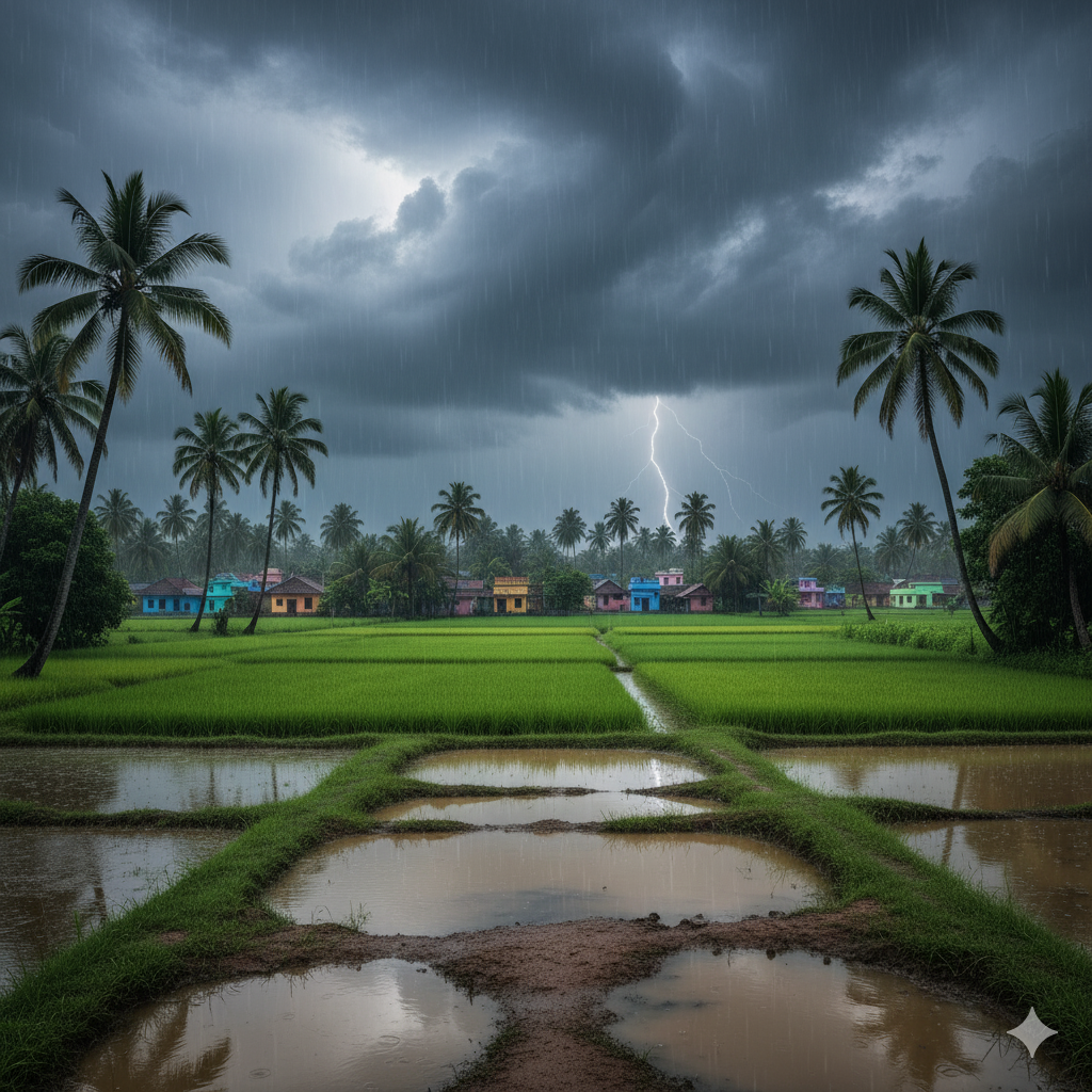 "दक्षिण भारत का मौसम 2025: चेन्नई और केरल के हरित खेतों और नारियल के पेड़ों पर मॉनसून की बारिश, ग्रामीण दृश्य, बारिश में पानी की झिलमिलाहट"