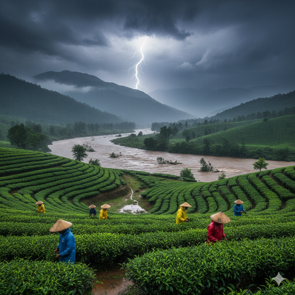 "पूर्वोत्तर भारत का आज का मौसम 2025: असम और मेघालय में भारी बारिश, चाय बागानों में किसान बारिश से बचते हुए, पहाड़ियों और नदी का दृश्य"