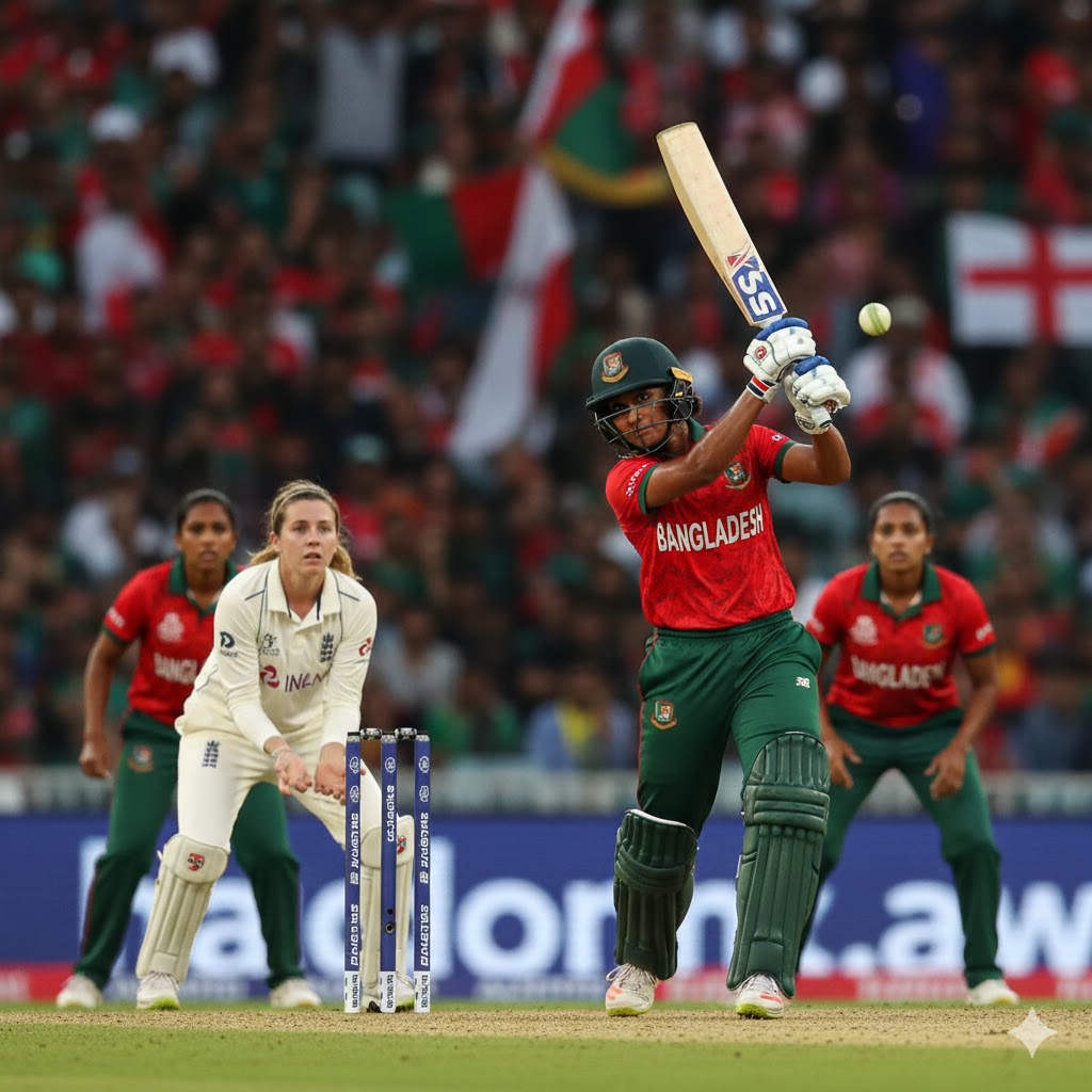 "Sobhana Mostary ने Bangladesh Women की तरफ से powerful शॉट मारा, England Women की गेंदबाज़ गेंद डालते हुए, मैच के दौरान उत्साहित माहौल